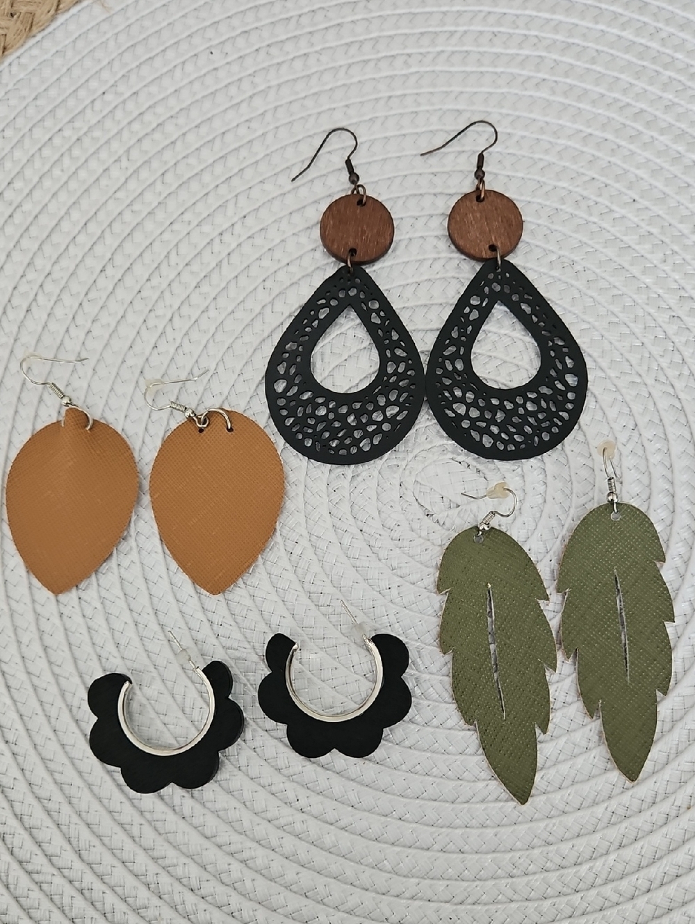 4 Pair Of Handmade Black Teardrop and Wood Circle Earrings - Women's Jewelry